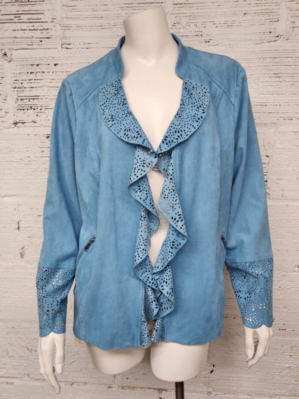 Chico's Size 2 Blue Soft Faux Suede Ruffled Open Front Jacket
